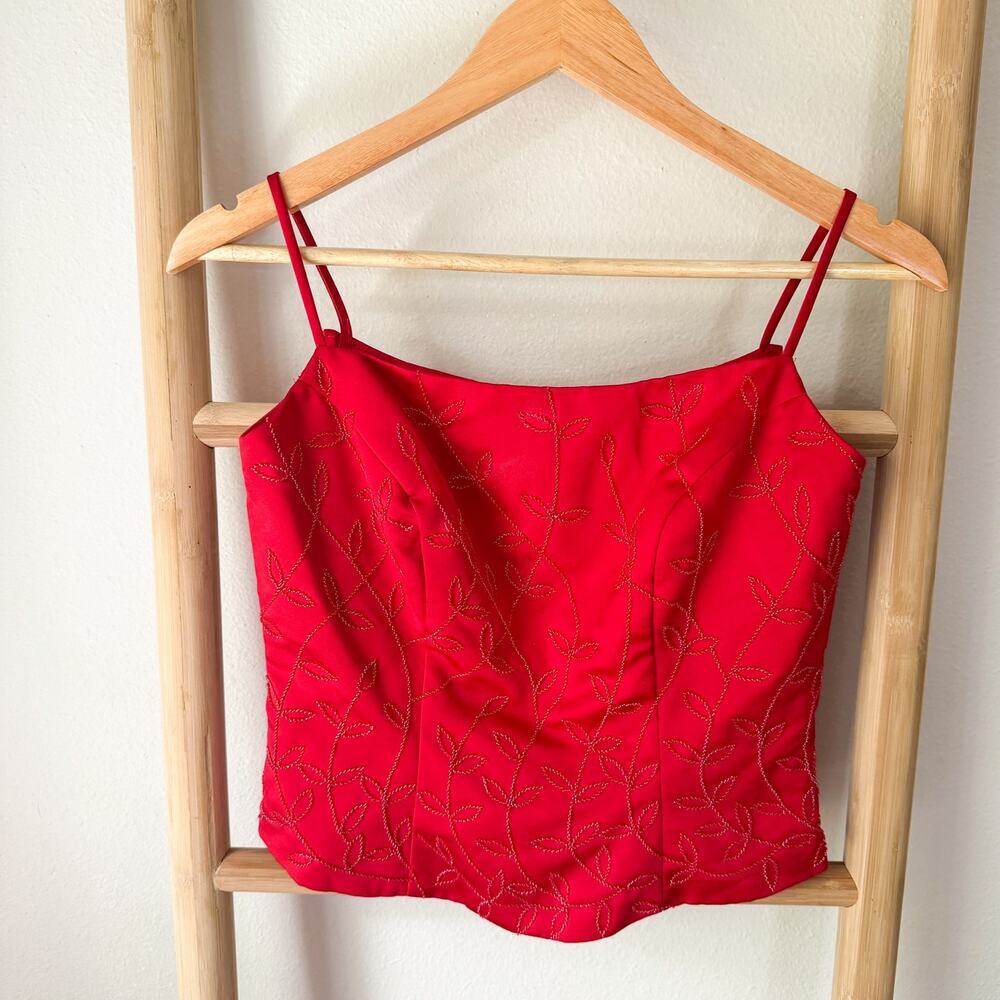 Vintage Alfred Angelo Red Satin Embroidered Corset Cami Top Formal Party Small